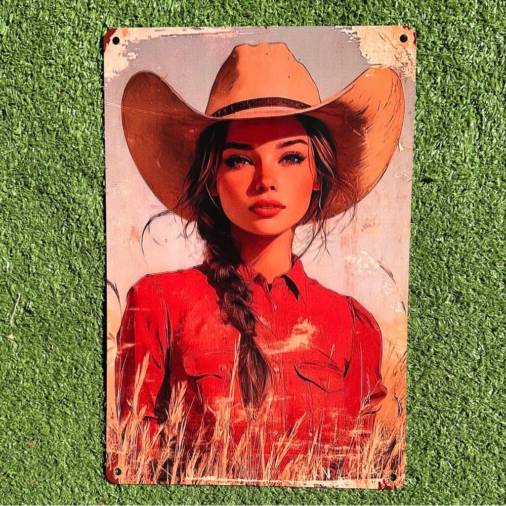 Vintage Western Cowgirl Metal Sign